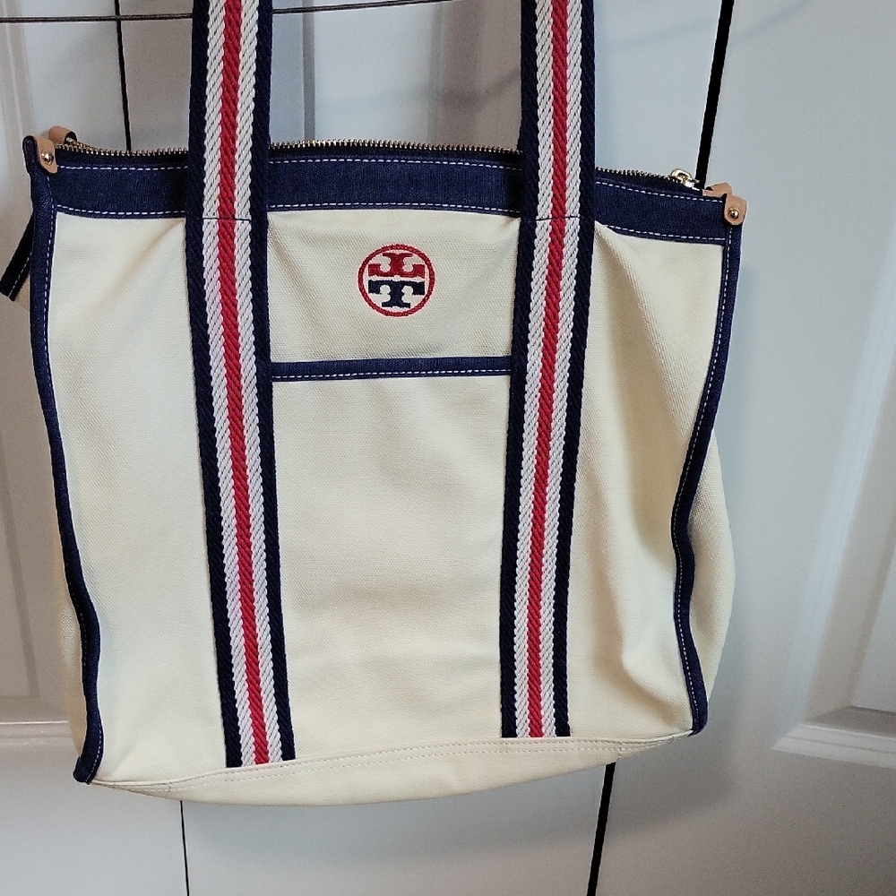 Tory Burch Cream Canvas Tote with Navy and Red Stripes